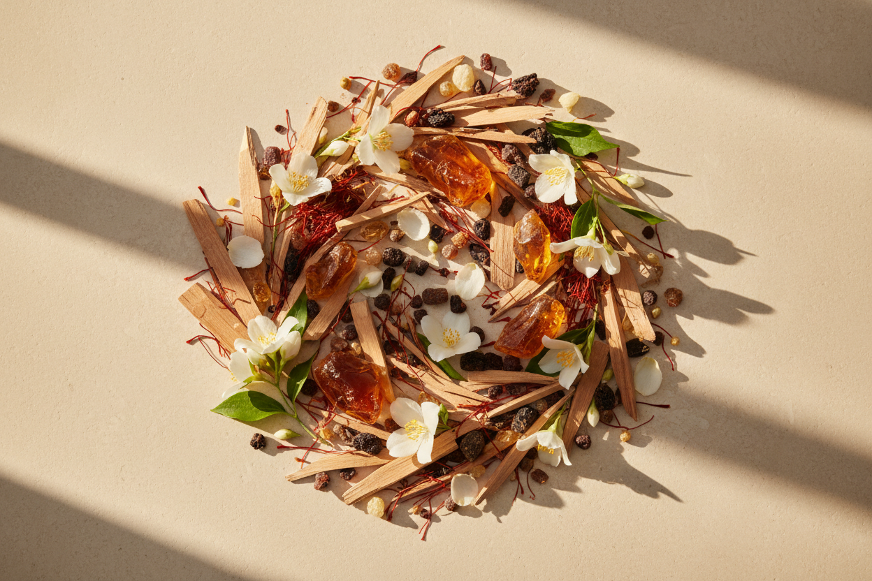 Fragrance Tag Dakila: Give me a thing that is a Rich and luxurious — jasmine and saffron over ambery woods with a warm, resinous finish ingredients in lifestyle look with natural lighting without any bottle