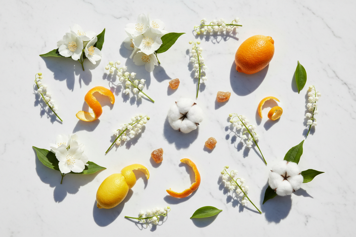 Sampaguita - Give me a thing that is Bright and floral — jasmine and lily of the valley with a citrusy lift and a warm, musky finish
Top: Jasmine, Lily of the Valley
Middle: Citrus Peel
Base: Musk, Amber
active ingredients in lifestyle look with natural lighting without any bottle and it should smell like scent with excellent presentation