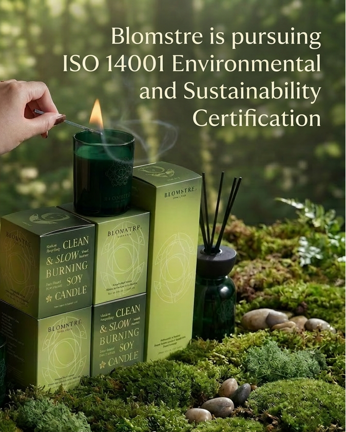 Candle being lit with Blomstre candles and boxes in a natural setting, promoting environmental and sustainability certification.