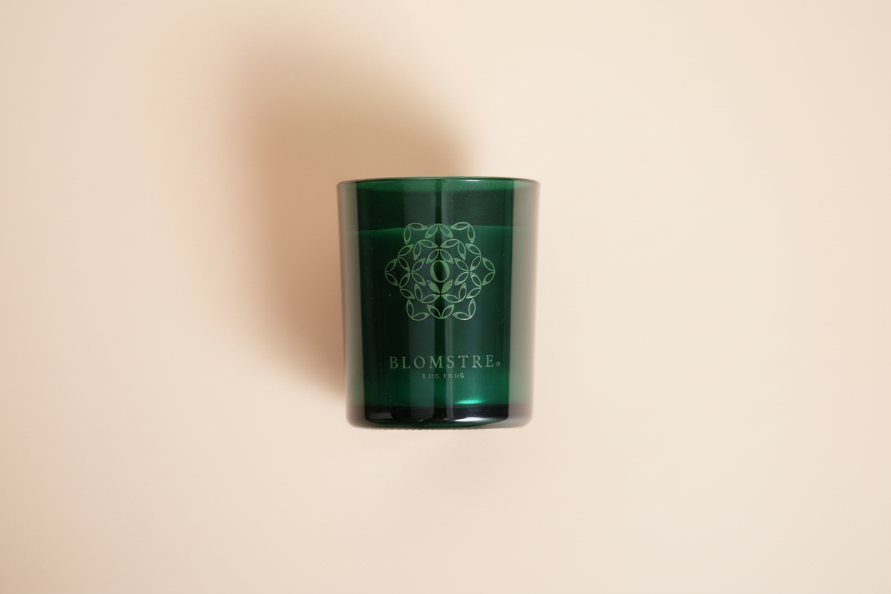 Green cylindrical container with brand logo on a beige background