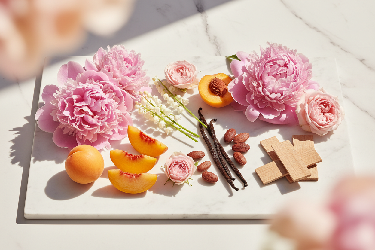 Binibini - Give me a thing that is Floral, fruity, and soft — peony and lily of the valley meet peach, rose, and warm vanilla-musk notes

Top: Peony, Lily of the Valley
Middle: Peach, Apricot, Rose
Base: Vanilla, Musk, Tonka Bean, Sandalwood

active ingredients in lifestyle look with natural lighting without any bottle and it should smell like scent with excellent presentation
