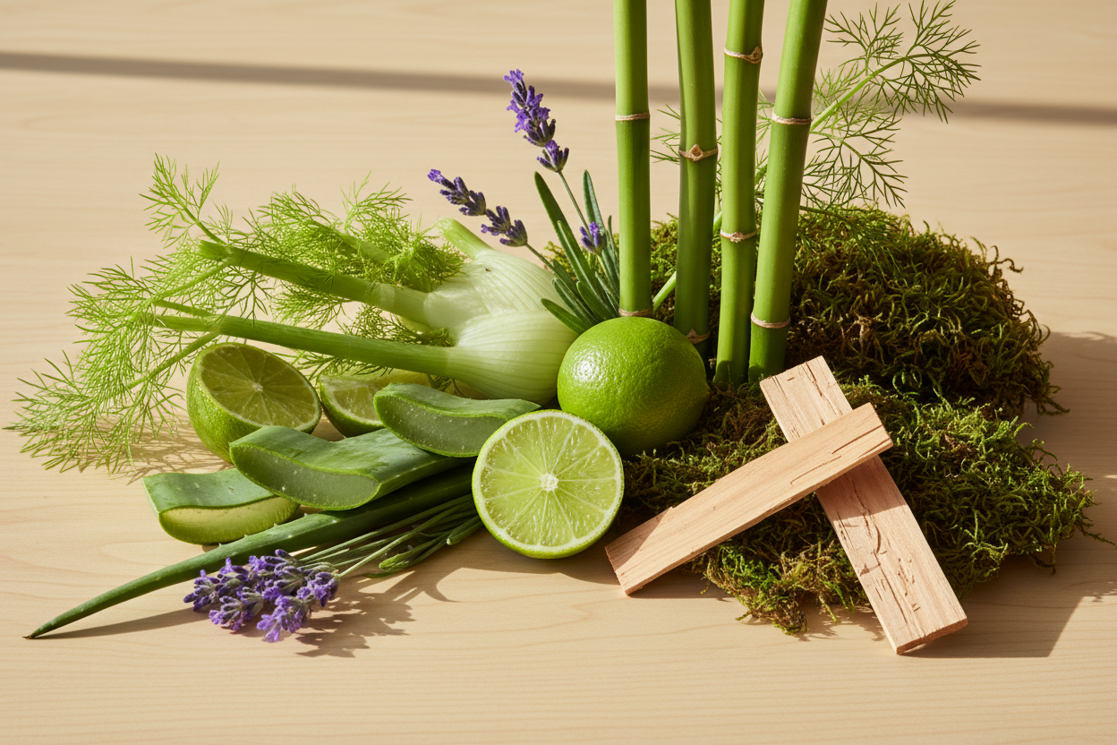 Double Happiness. Give me a thing that is a Fresh and woody — fennel, aloe, and lime with lavender and bamboo over a musky cedar-moss base active ingredients in lifestyle look with natural lighting without any bottle