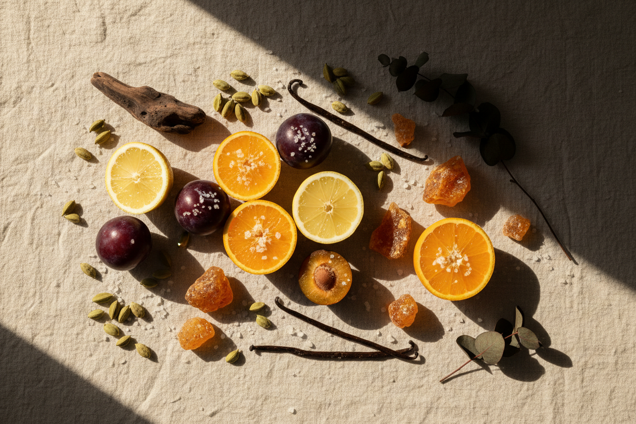 El Nido - Give me a thing that is Fresh and irresistible — salty ocean air meets citrus, plum, and warm amber-vanilla

Top: Citrus, Sea Salt, Ozone
Middle: Plum, Cardamom
Base: Amber, Vanilla, Dark Musk

active ingredients in lifestyle look with natural lighting without any bottle and it should smell like scent with excellent presentation
