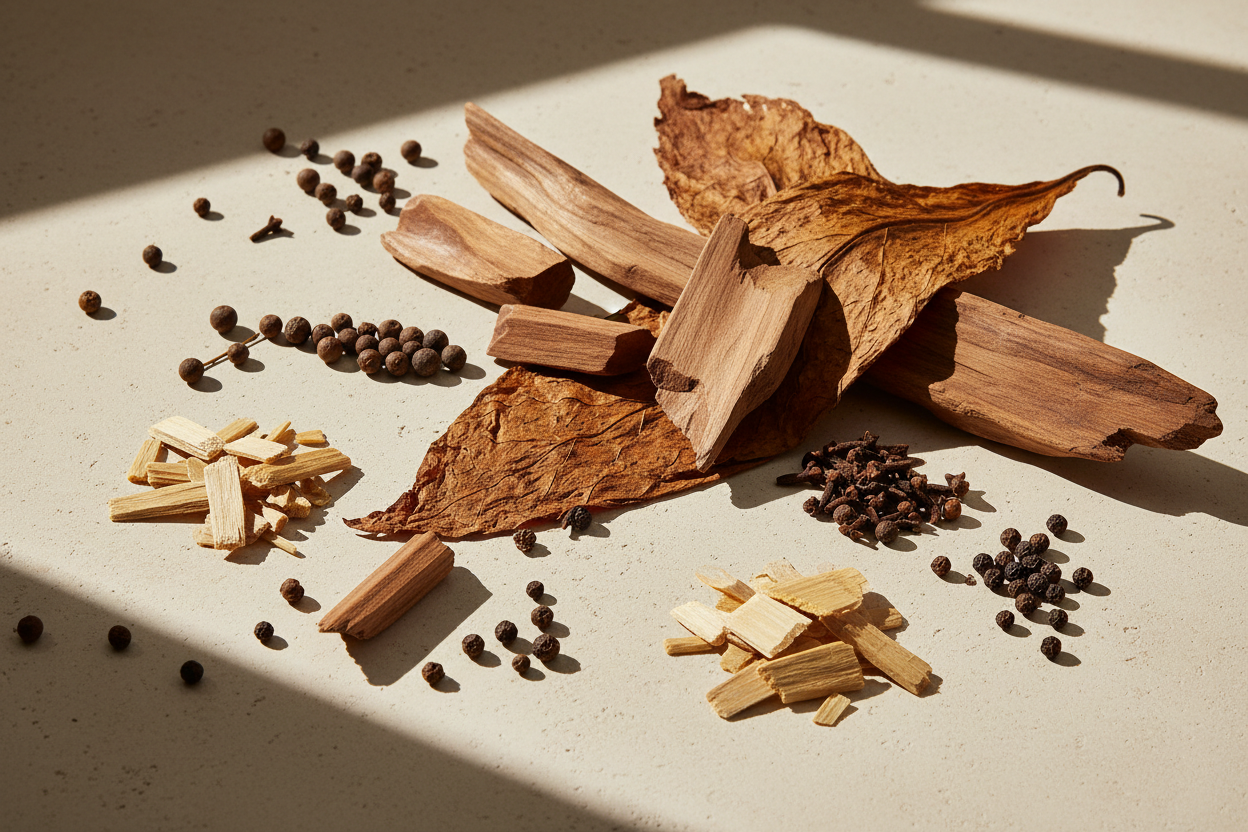 Halaga scent

Top: Allspice 
Middle: Teakwood, Clove, Tobacco Leaves  
Base: Sandalwood, Peppercorn

active ingredients in lifestyle look with natural lighting without any bottle and it should smell like scent with excellent presentation
