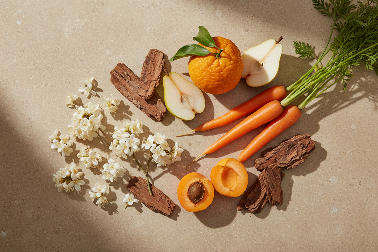 Hiwaga - Give me a thing that is Fresh and grounded — osmanthus and apricot with a hint of carrot over smooth cedarwood

Top: Osmanthus, Carrot
Middle: Apricot, Bitter Orange, Pear
Base: Cedarwood

active ingredients in lifestyle look with natural lighting without any bottle and it should smell like scent with excellent presentation
