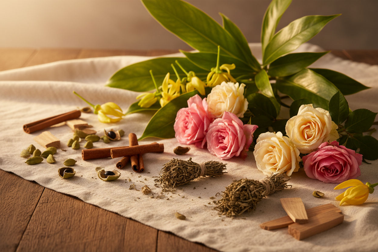 Leng Loi Scent - Give me a thing that is a Warm Lush and complex — green leaves and patchouli with rose and ylang ylang over a spicy, woody base active ingredients in lifestyle look with natural lighting without bottle