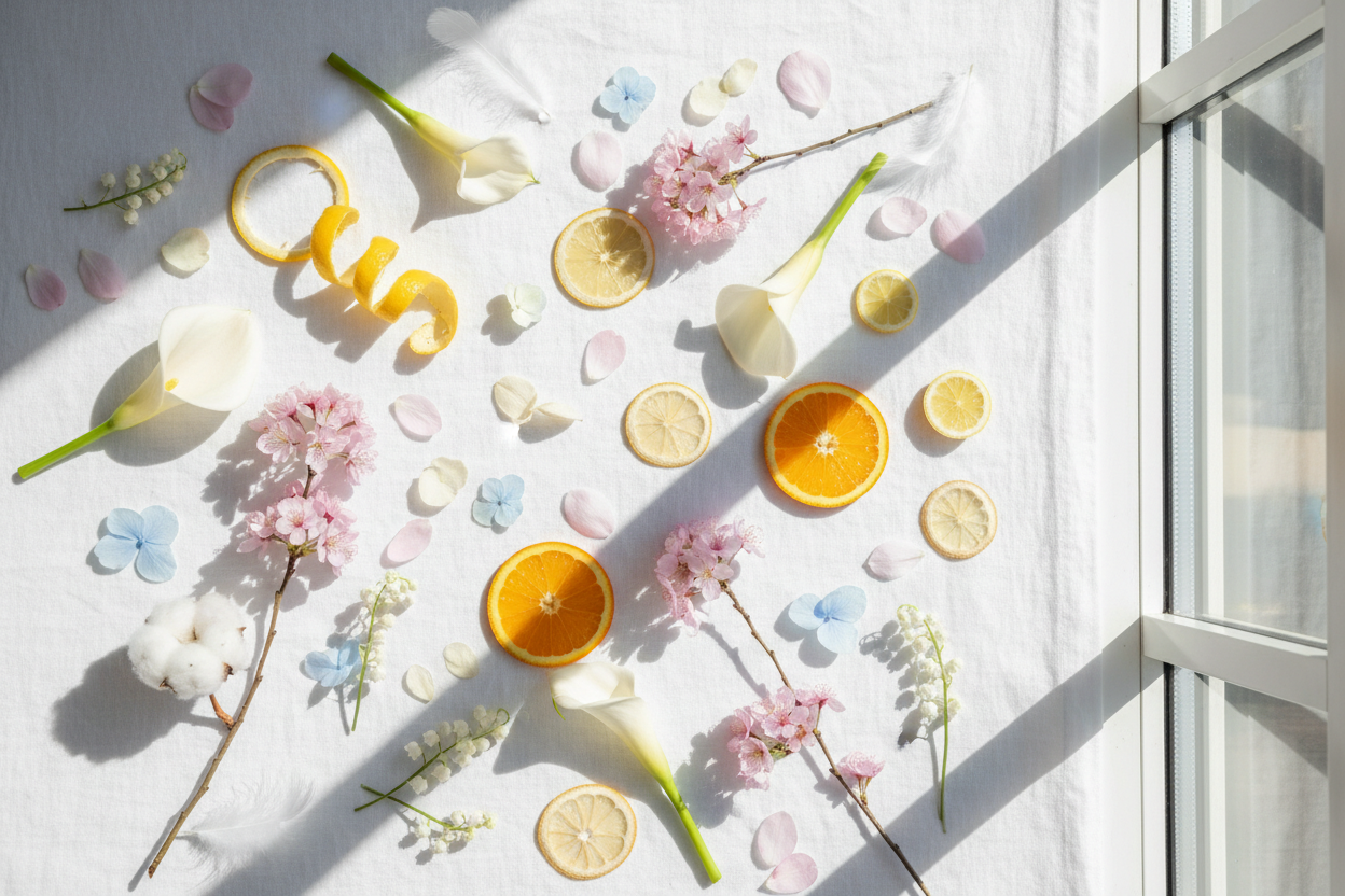 Mabini - Give me a thing that is Bright and delicate — citrus and calla lily meet soft blooms with a powdery, musky finish

Top: Citrus Peel, Calla Lily
Middle: Hydrangea, Lily of the Valley, Cherry Blossom
Base: Light Musk, Powder, Light Musk

active ingredients in lifestyle look with natural lighting without any bottle and it should smell like scent with excellent presentation
