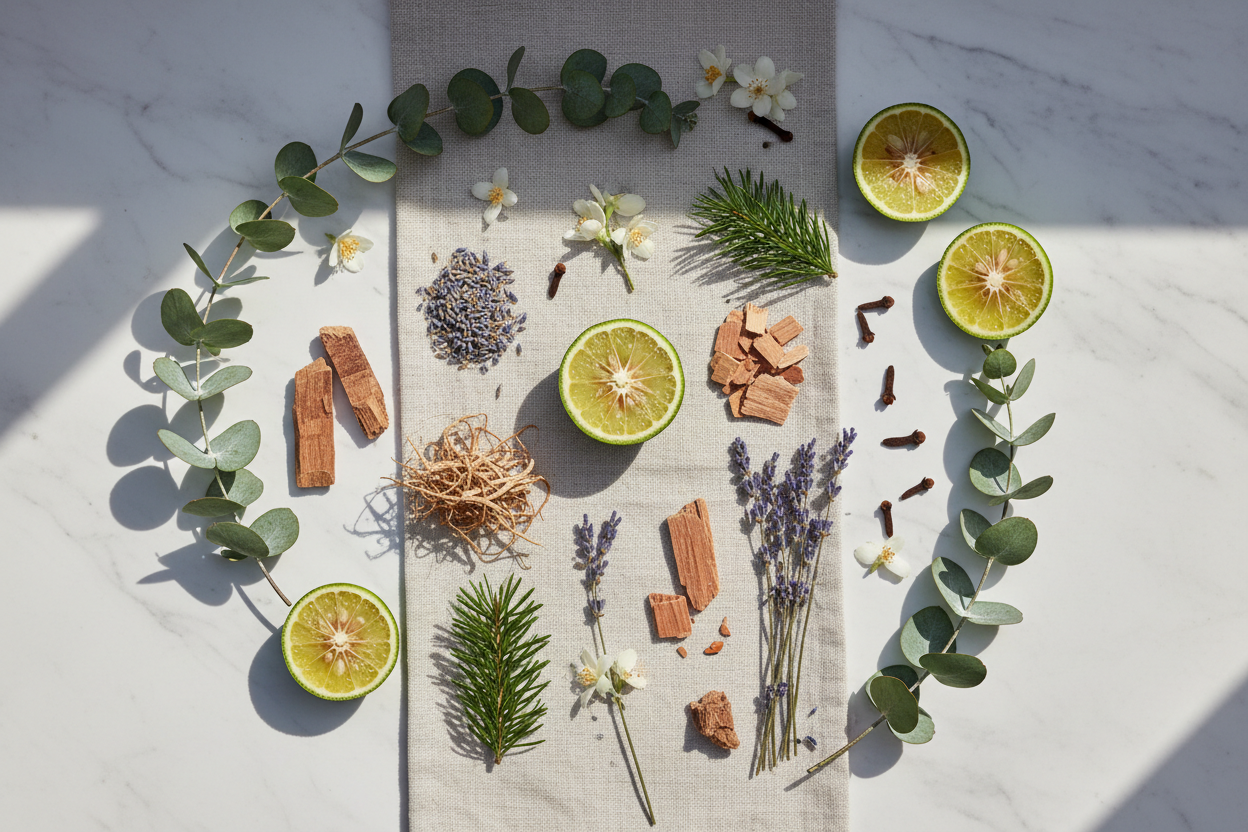 Makisig - Give me a thing that is Cool and invigorating — eucalyptus and bergamot meet warm spices and deep woody notes

Top: Eucalyptus, Bergamot, Pine
Middle: Clove, Lavender, Jasmine
Base: Vetiver, Sandalwood, Cedar

active ingredients in lifestyle look with natural lighting without any bottle and it should smell like scent with excellent presentation
