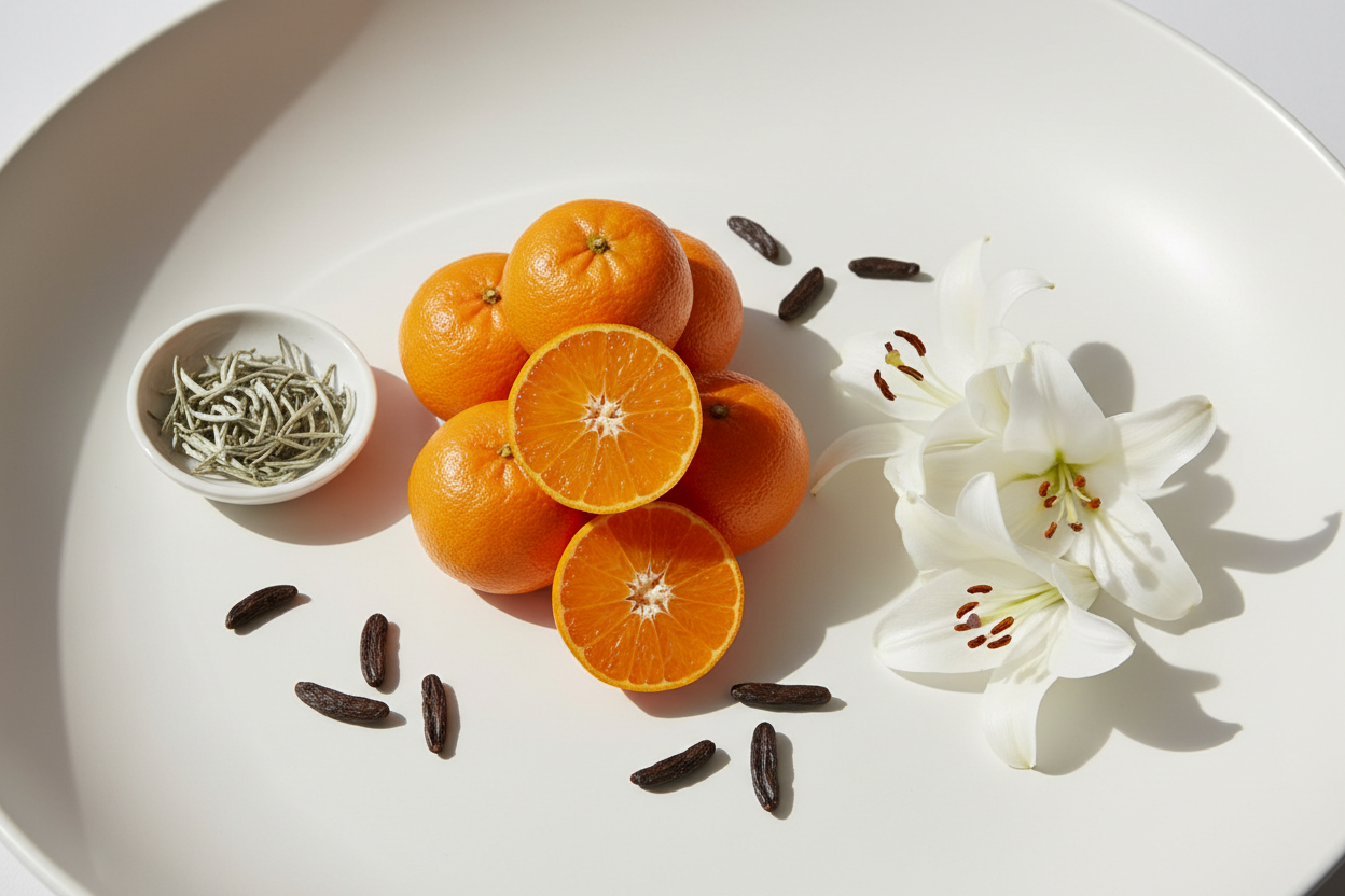 Mayumi - Give me a thing that is Fresh and calming — bright mandarin, delicate white tea, and a hint of warm tonka bean

Top: Mandarin Orange
Middle: White Tea, Lily
Base: Tonka Bean

active ingredients in lifestyle look with natural lighting without any bottle and it should smell like scent with excellent presentation
