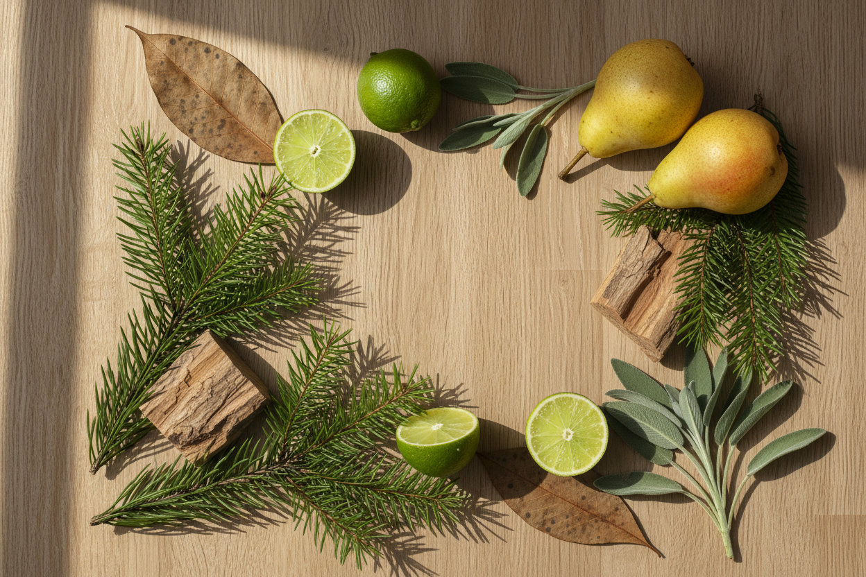 Pinetastic - Give me a thing that is Crisp pine with a hint of fresh greenery — like a walk through a winter forest

Top: Pine, Lime, Pear
Middle: Cedar, Patchouli
Base: Sage, Balsam

active ingredients in lifestyle look with natural lighting without any bottle and it should smell like scent with excellent presentation
