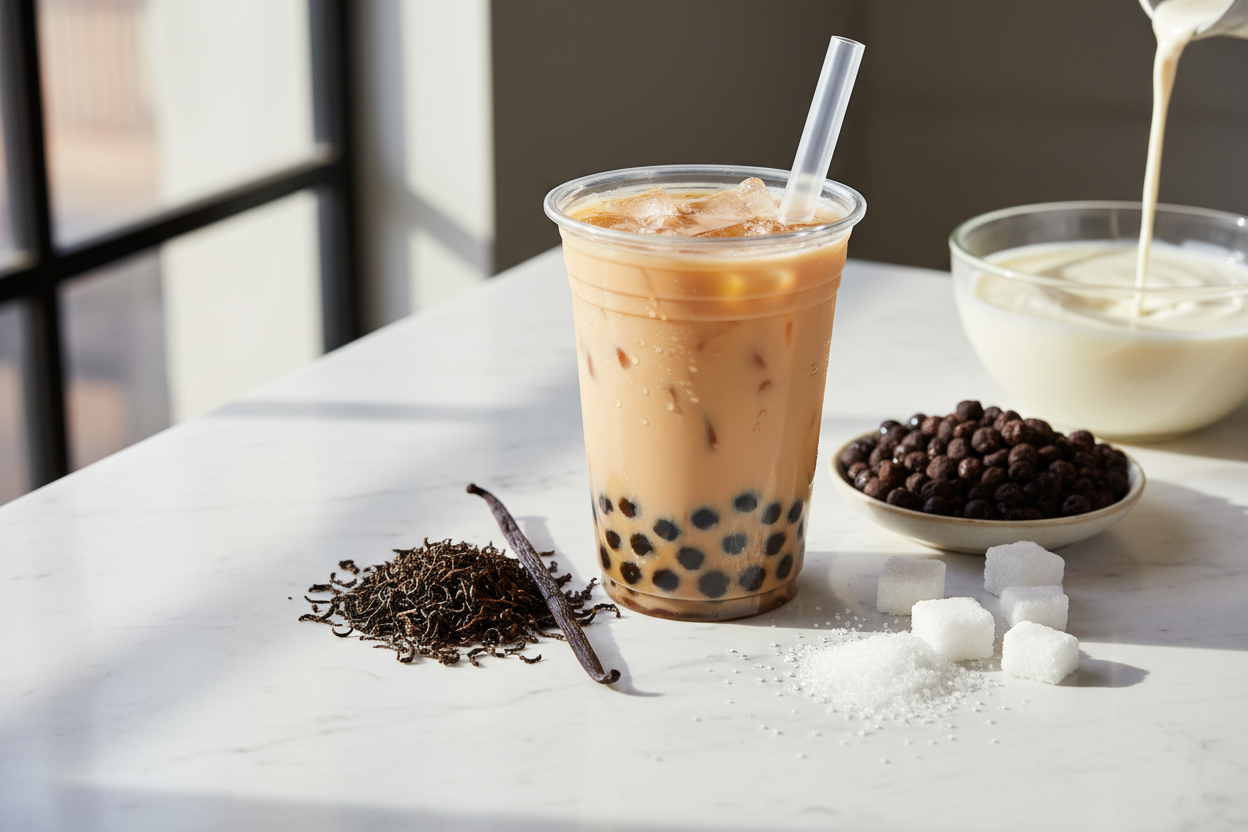 This is a milk tea in a plastic cup. Cold.