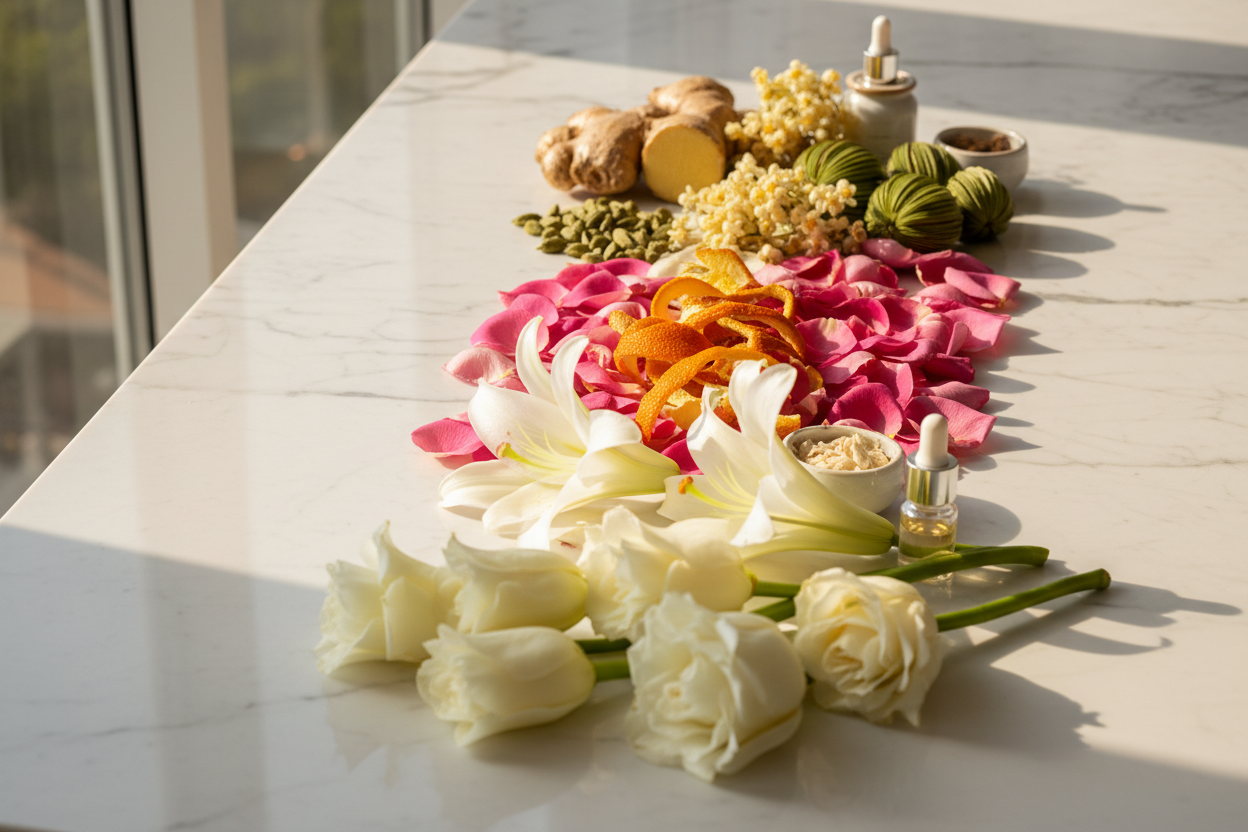 Top: Ginger, Osmanthus, Cardamom
Middle: Orange Peel, Lily, Rose
Base: Tuberose active ingredients in lifestyle look with natural lighting