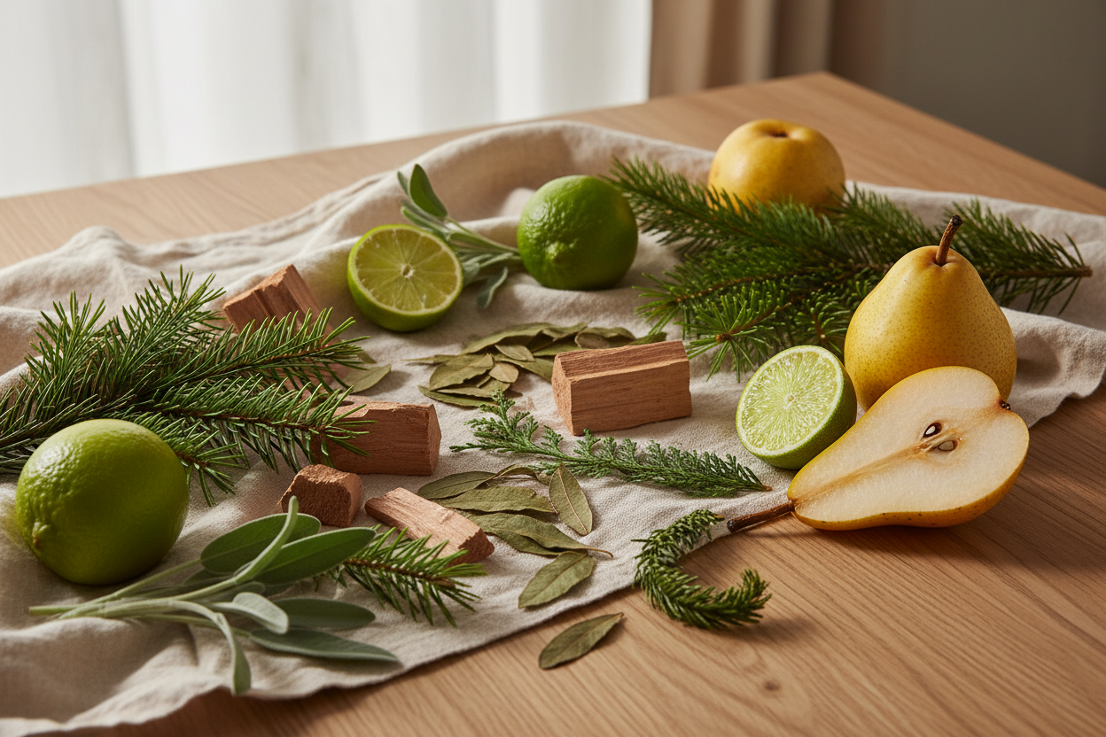 Top: Pine, Lime, Pear
Middle: Cedar, Patchouli
Base: Sage, Balsam active ingredients in a lifestyle image make it arranged with natural lighting