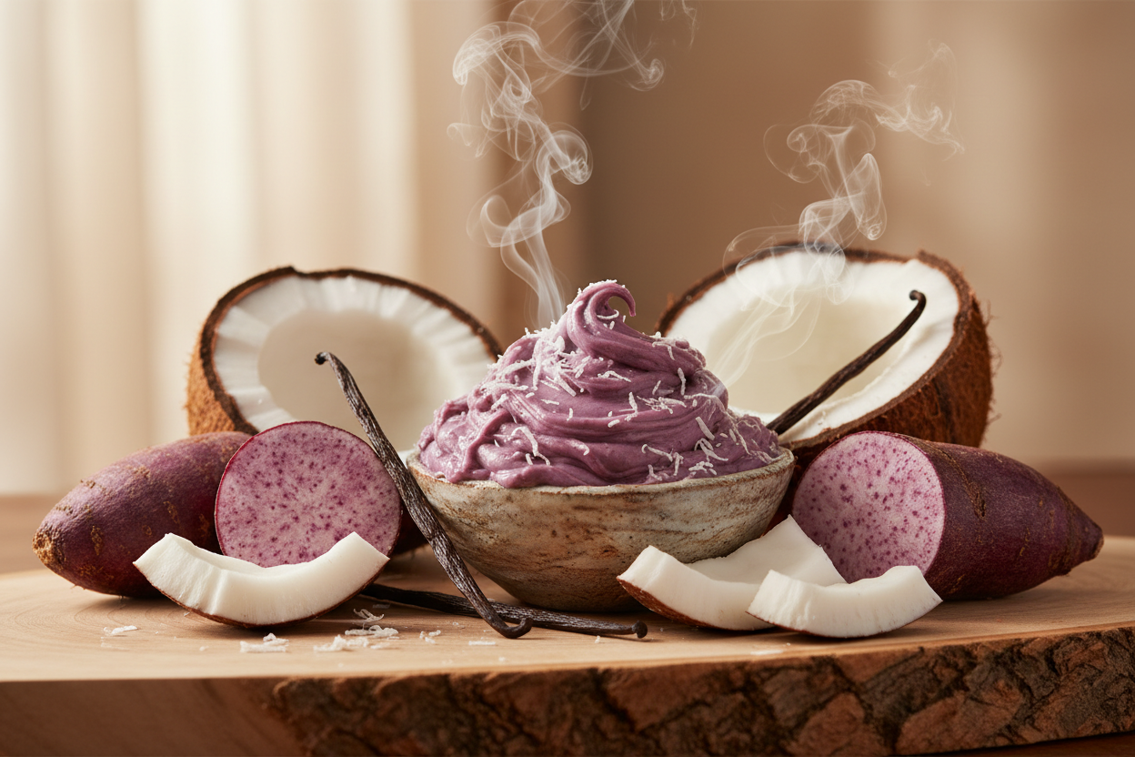 Ube Macapuno at the center. Ube and coconut with creamy vanilla gourmand notes active ingredients in lifestyle look with natural lighting without any bottle and it should smell like scent