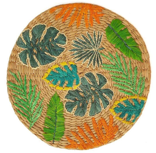 TROPICAL MIX LEAVES Hand-Embroidered Seagrass 15" Placemat